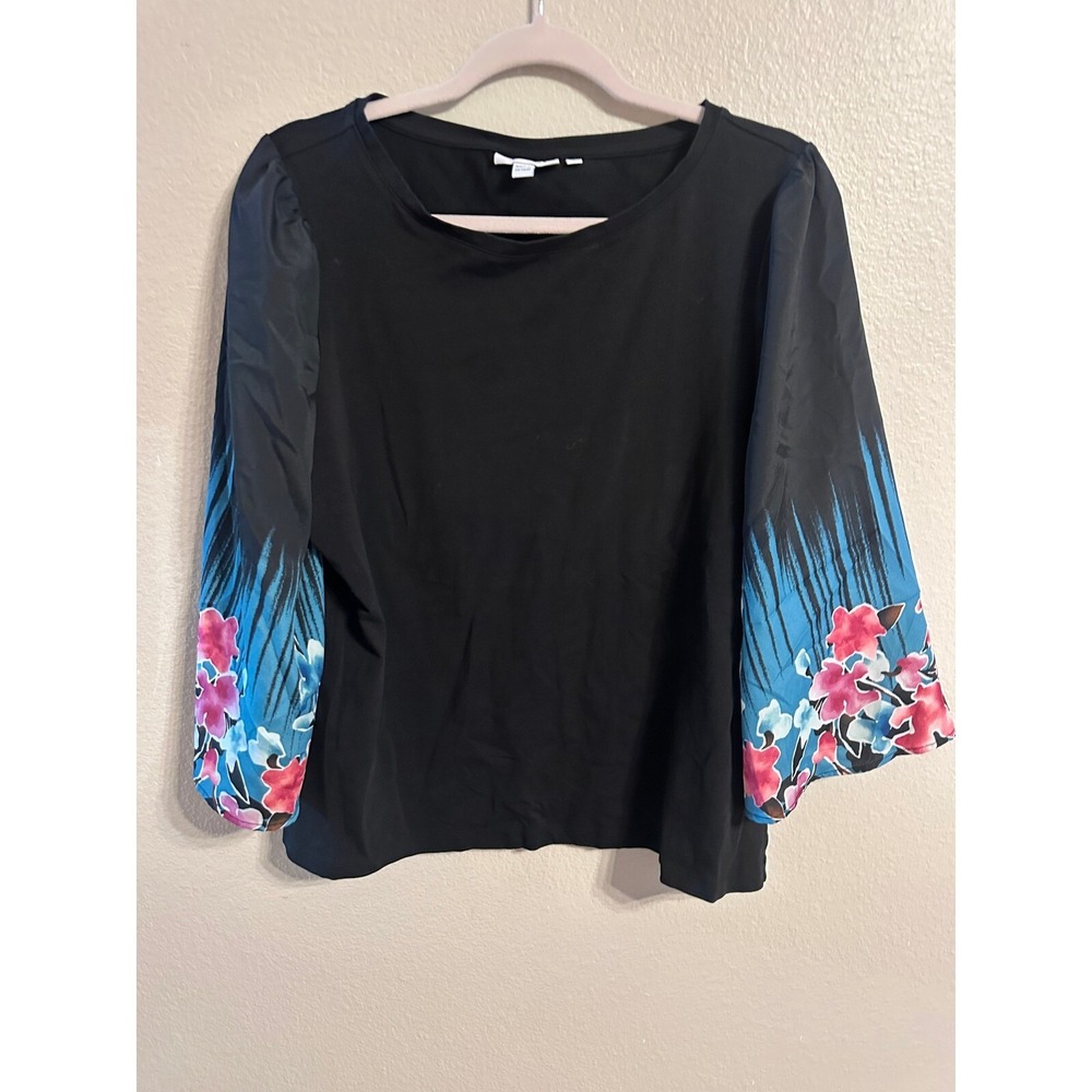 Chico's Floral Sleeve Blouse Black Top Elegant Party Size 2‎ L
